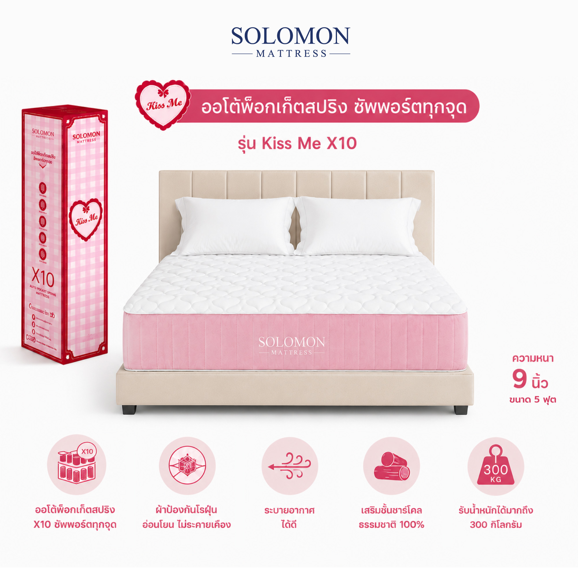 ที่นอนเย็นพ็อกเก็ตสปริง 5 ฟุต SOLOMON รุ่น KISS ME หนา 10 นิ้ว รับประกัน 1 ปี_0